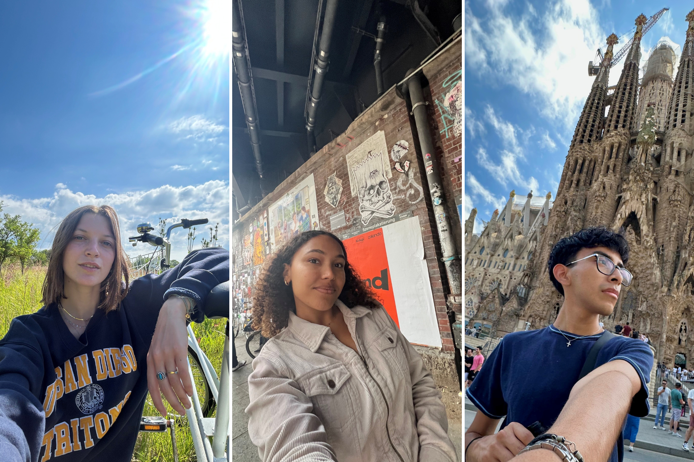 A collage of three individual student selfies. The first, a student sits in grass, leaning against a bike; second: a student takes a photo against a backdrop of street art and posters; third: a student takes a photo with a historic building